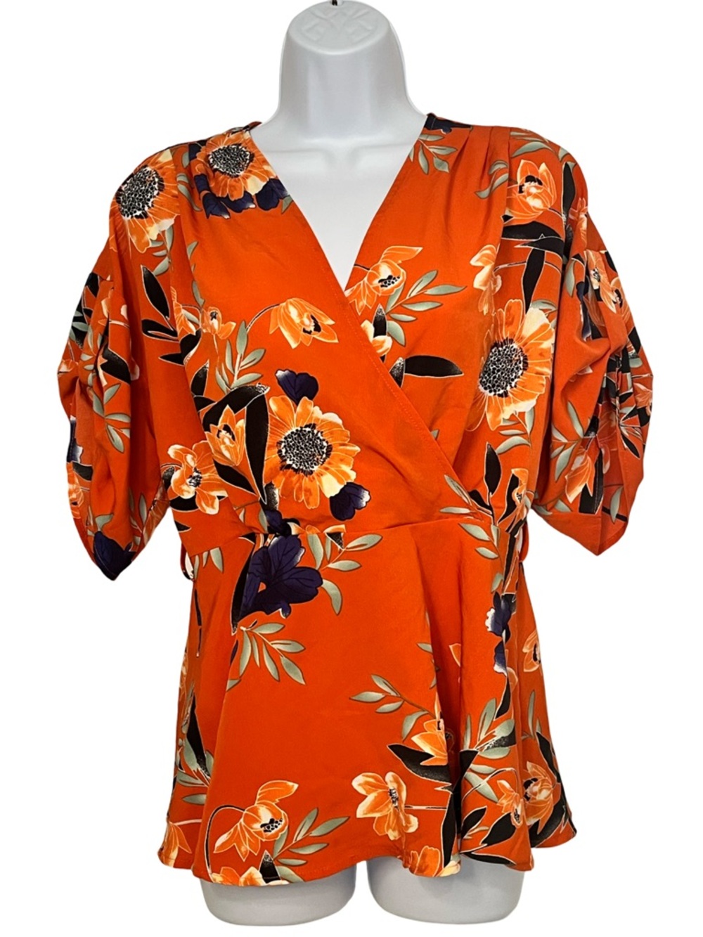 Women's Orange Floral Wrap Tunic with Puff Sleeves